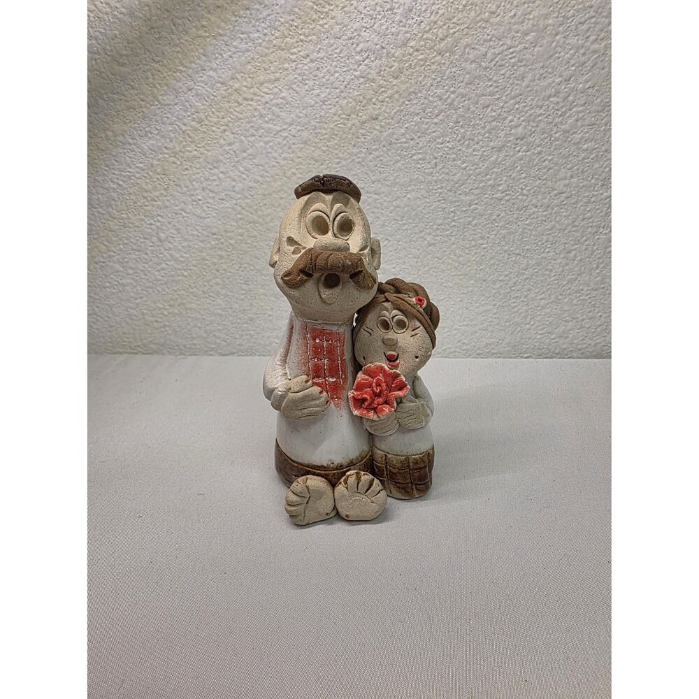 Vintage Rustic handmade and hand painted Couple Figurine Folk Art Pottery Statue